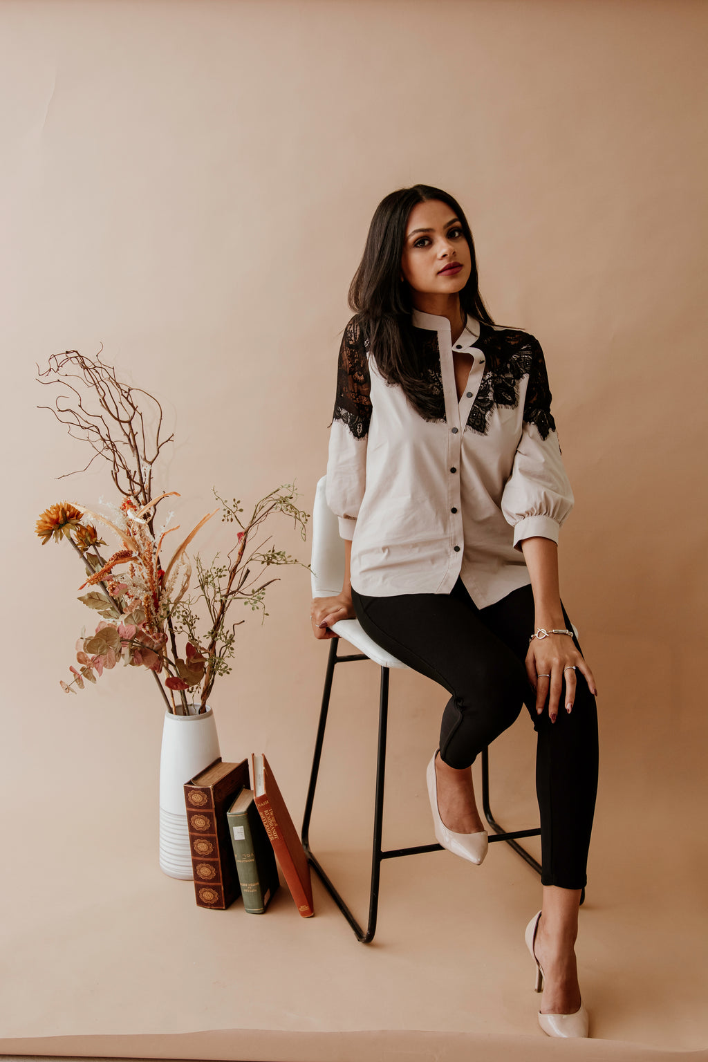 Beige Lace Detailed Button-Up